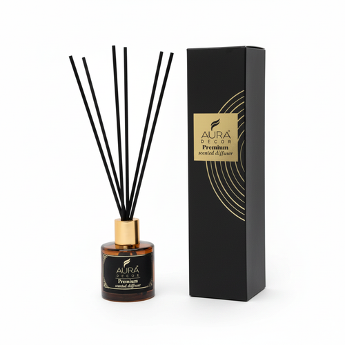 AURA Precious reed diffuser bottle and black gift box on white - by SchoolingCare Stationary Store