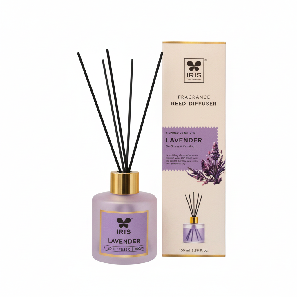 Close view of IRIS Lavender reed diffuser bottle and matching product box