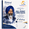 A notebook cover featuring a portrait of Bhai Jaswant Singh Khalra with text about his history and rights struggle. The cover includes the SchoolingCare logo and sections for writing, learning, and growth.