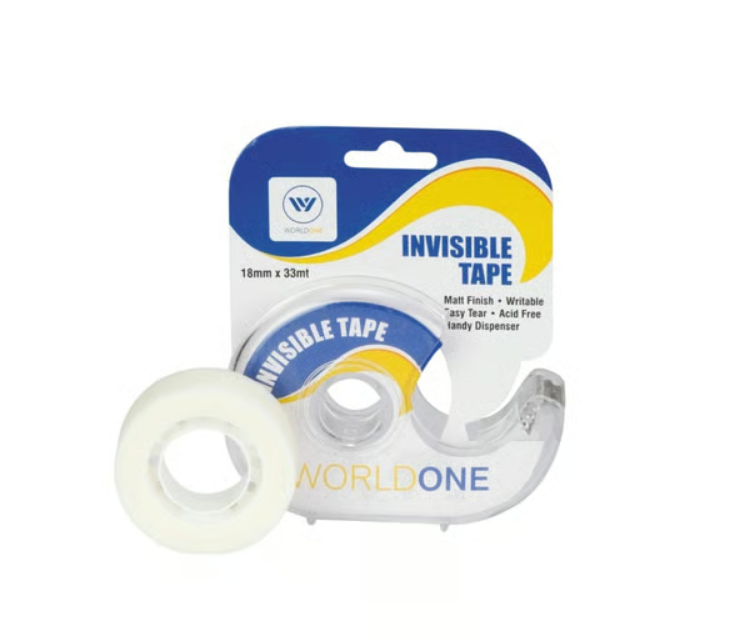 Worldone Invisible Tape & Dispenser (Transparent, 33 mtr x 18mm)