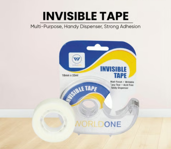 Worldone Invisible Tape & Dispenser (Transparent, 33 mtr x 18mm)