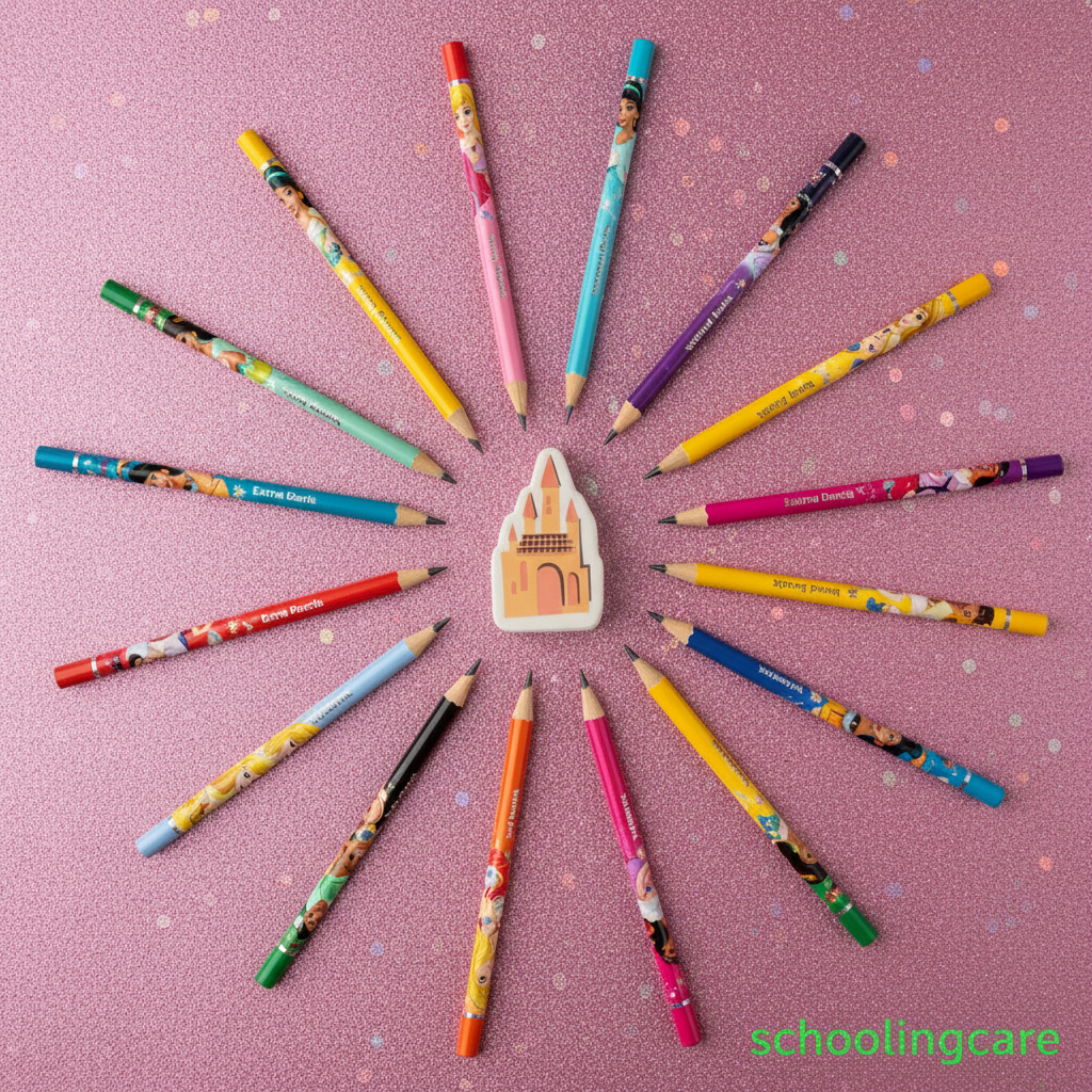 A circular flat-lay arrangement of colorful cartoon pencils radiating from a small castle-shaped sticker on a pink glittery background. The pencils feature various character designs and colors including yellow, pink, blue, green, orange, and purple.
