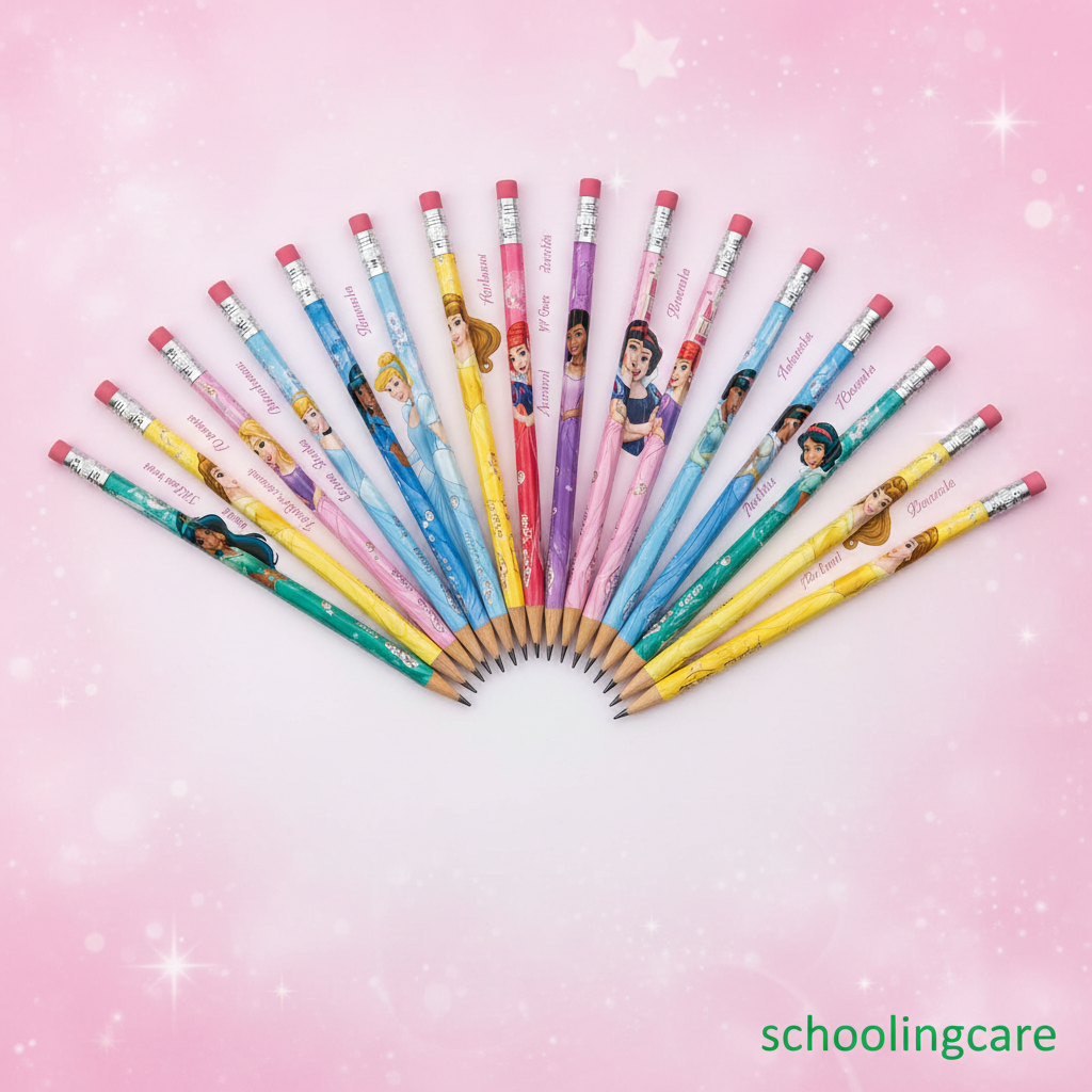 A fan arrangement of 12 colorful Disney-themed pencils on a pink sparkly background. The pencils feature various princess designs and are branded with 'schoolingcare' printed on the barrels.