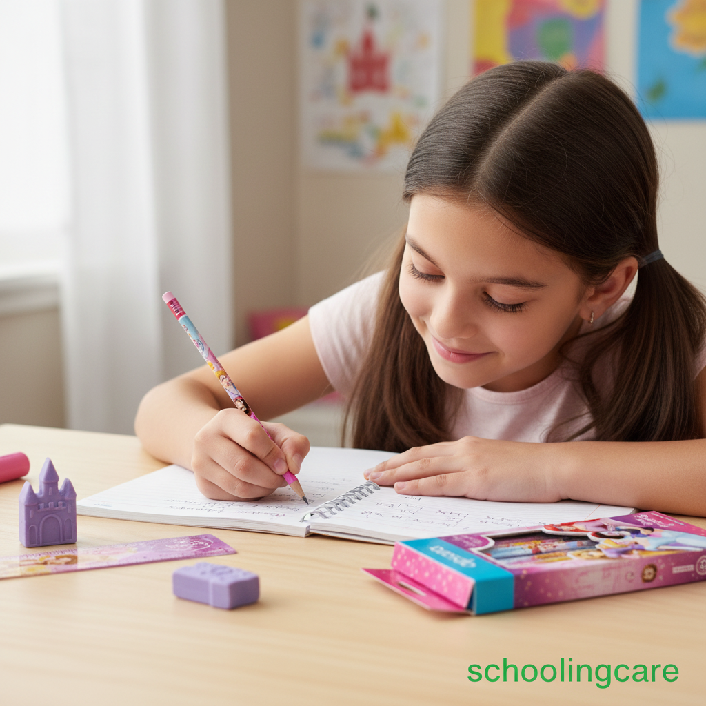 A young girl with long brown hair in a ponytail sits at a light wood desk, smiling as she writes in a notebook with a pink pencil. A purple castle-shaped eraser, a purple rectangular eraser, and a pink and blue boxed set of school supplies are on the desk in front of her.