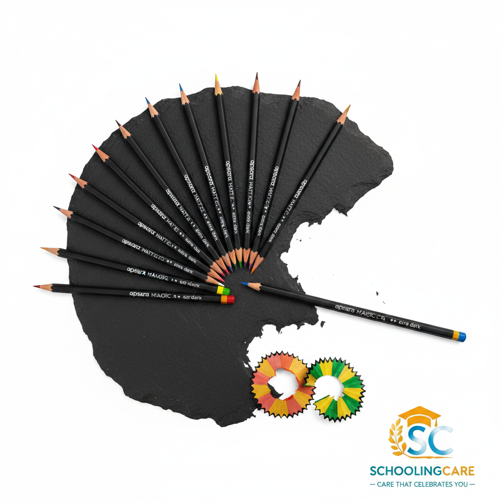 A fan arrangement of black Prismacolor 4010 Tracing X 4011 Sharpie pencils on a black paint palette, with two colorful pencil erasers and a SchoolingCare logo in the bottom right corner.- Order Now at SchoolingCare Stationary store Online