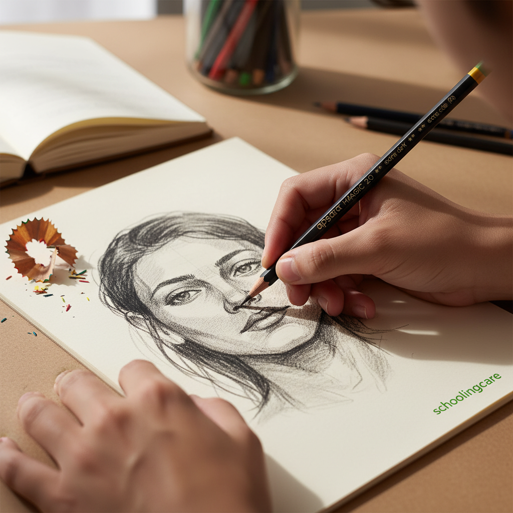 A close-up of a hand holding a graphite pencil and drawing a portrait sketch on an off-white notebook. The scene includes other pencils in a glass jar, an open book, and colored pencil shavings on a tan desk.- Order Now at SchoolingCare Stationary store Online