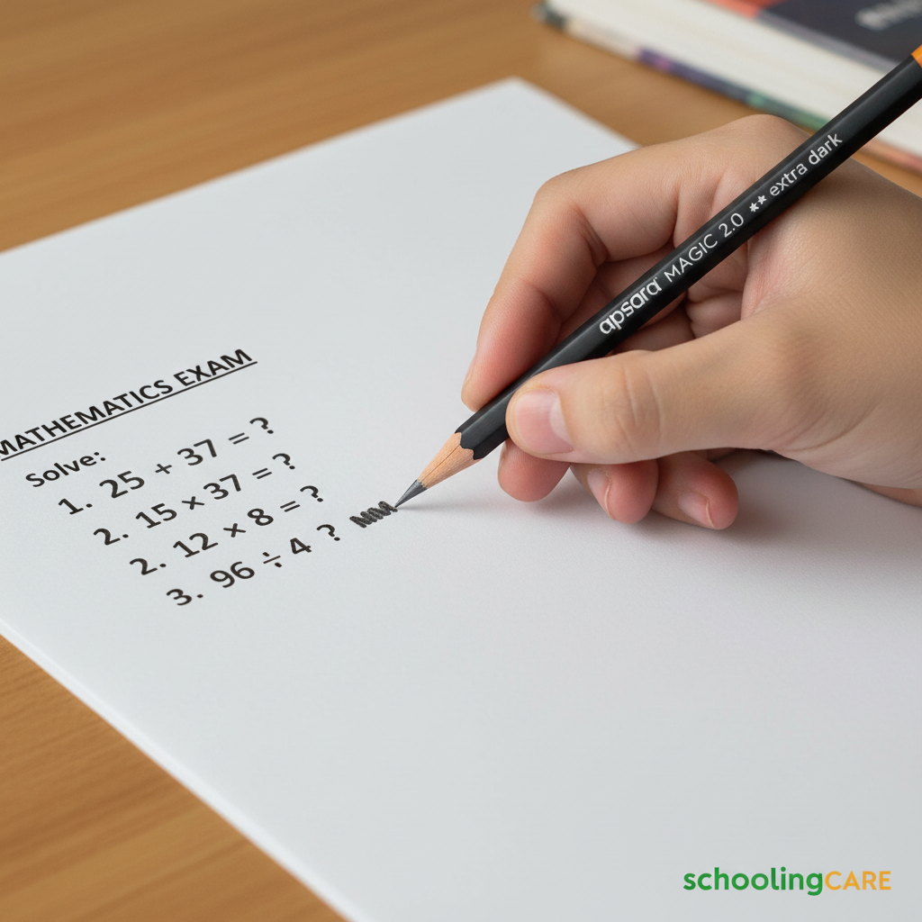 A close-up of a hand holding a black Opusora Magic 2.0 pencil, writing on a white paper worksheet with a mathematics exam question.