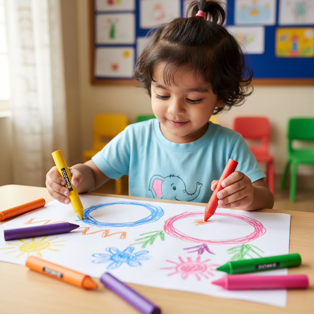 Child using DOMS Vibrant Jumbo Crayons colouring paper easy grip toddler kindergarten school art - Schoolingcare