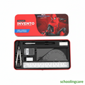 Marvel Classmate Invento Spider-Man themed stationery set in a red and black metal case, shown open with a pen, compass, eraser, ruler, and protractor inside, alongside the closed lid featuring Spider-Man artwork.- Order Now at SchoolingCare Stationary store Online