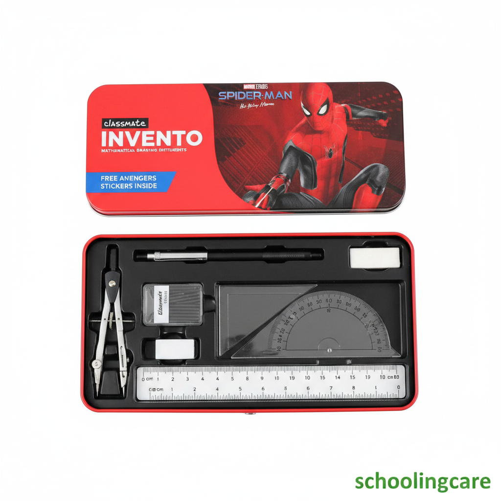 Marvel Classmate Invento Spider-Man themed stationery set in a red and black metal case, shown open with a pen, compass, eraser, ruler, and protractor inside, alongside the closed lid featuring Spider-Man artwork.- Order Now at SchoolingCare Stationary store Online