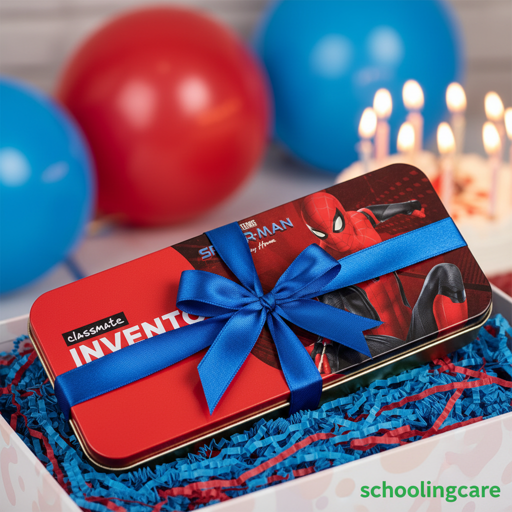 A red Spider-Man themed metal gift tin wrapped with a bright blue ribbon and bow, presented in a box filled with blue and red crinkle paper. The background is decorated with red and blue balloons and lit birthday candles.