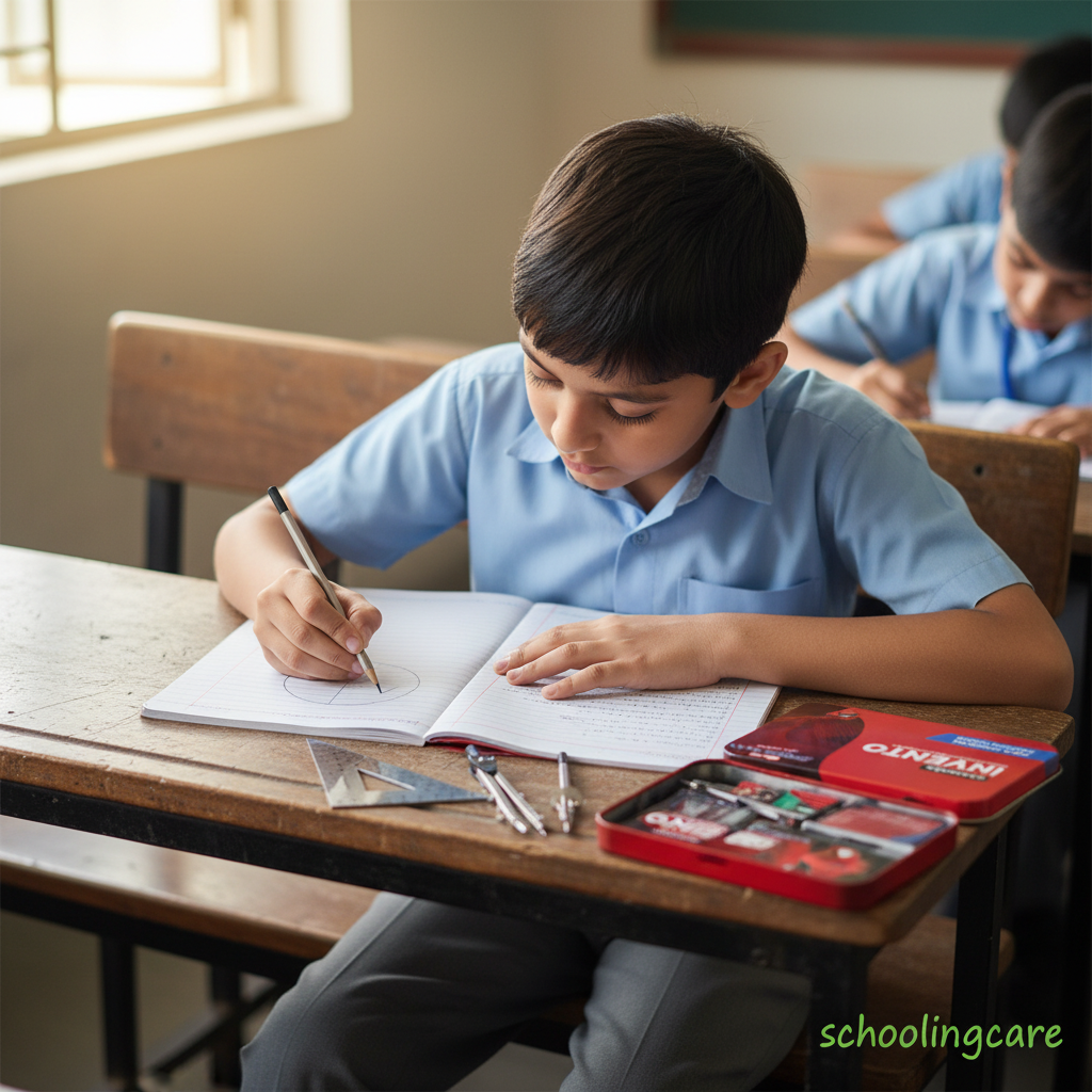 A young boy in a light blue school uniform sits at a wooden desk writing in a notebook. A red O'Neil pencil case and other school supplies are on the desk, with other students blurred in the background in a classroom setting.