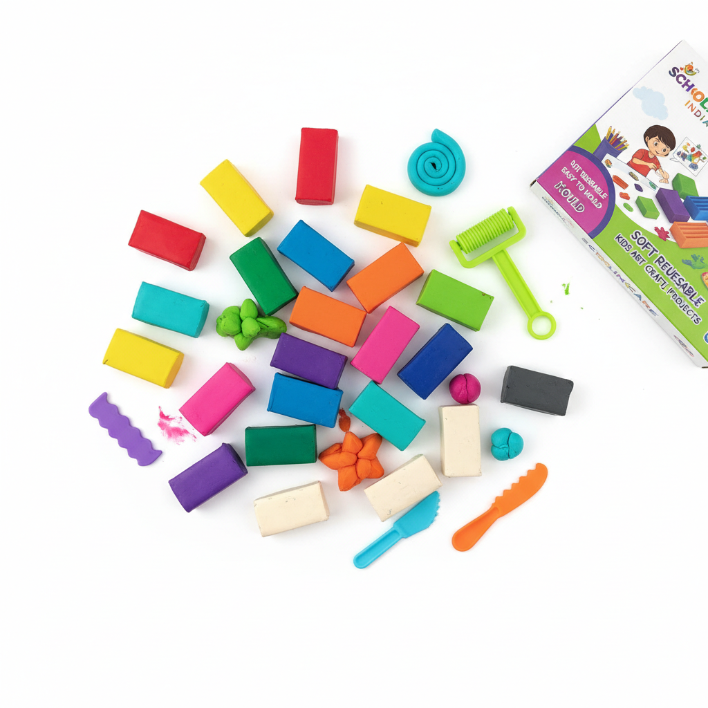 Colorful Children's Modelling Clay Set flat lay vibrant bright coloured clay blocks soft reusable kids - Schoolingcare
