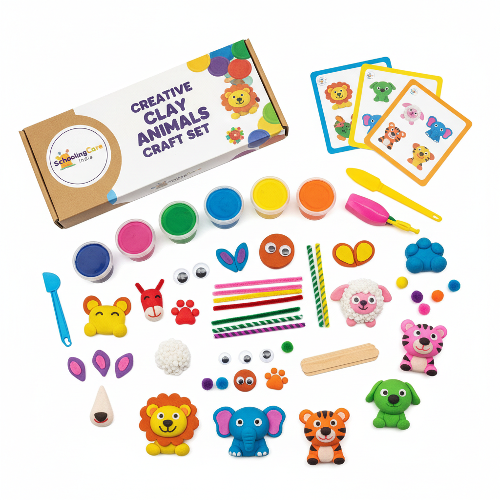 Creative Clay Animals Craft Set flat lay colourful clay animal crafting materials kids educational - Schoolingcare