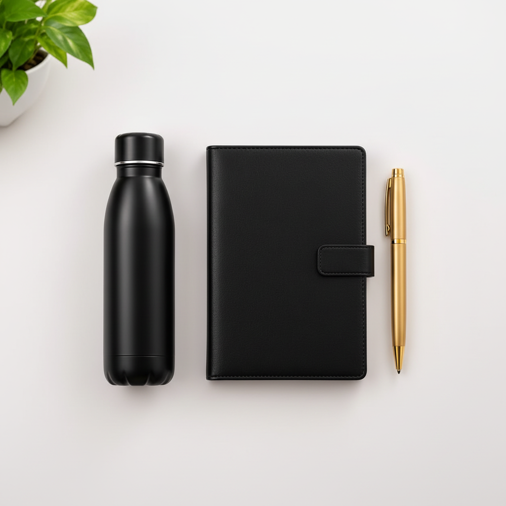 Closed diary with a pen and reusable bottle on a clean background - Order Now at SchoolingCare Stationary store Online