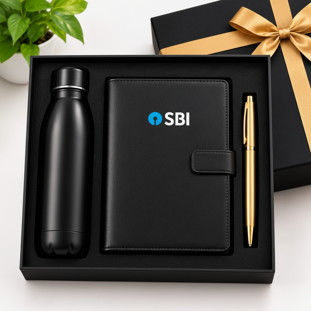 SBI Bank branded diary with plain pen and insulated hot-and-cold bottle gift set - Order Now at SchoolingCare Stationary store Online