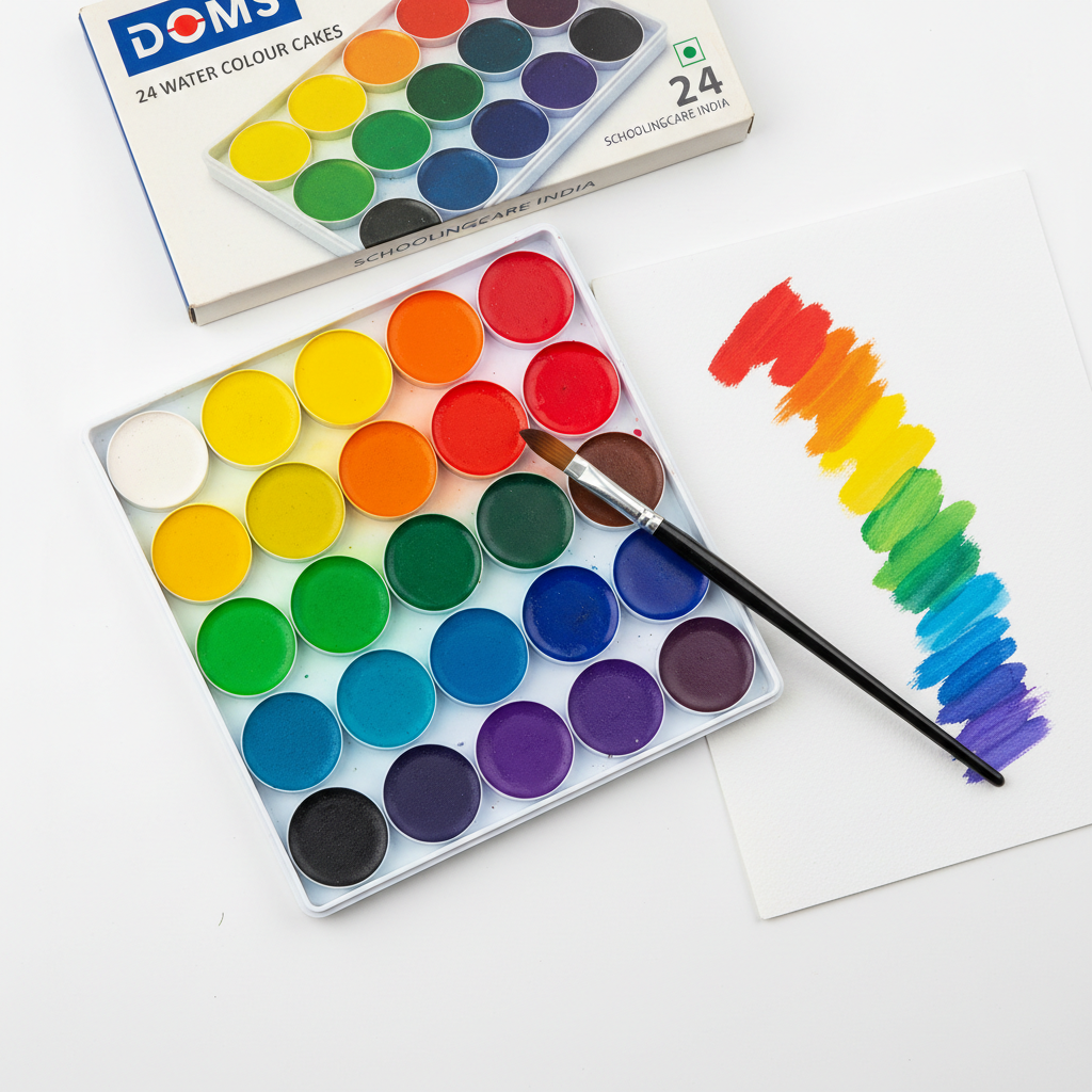 DOMS 24 Shades Water Colour Cakes flat lay with paintbrush and swatches | Schoolingcare