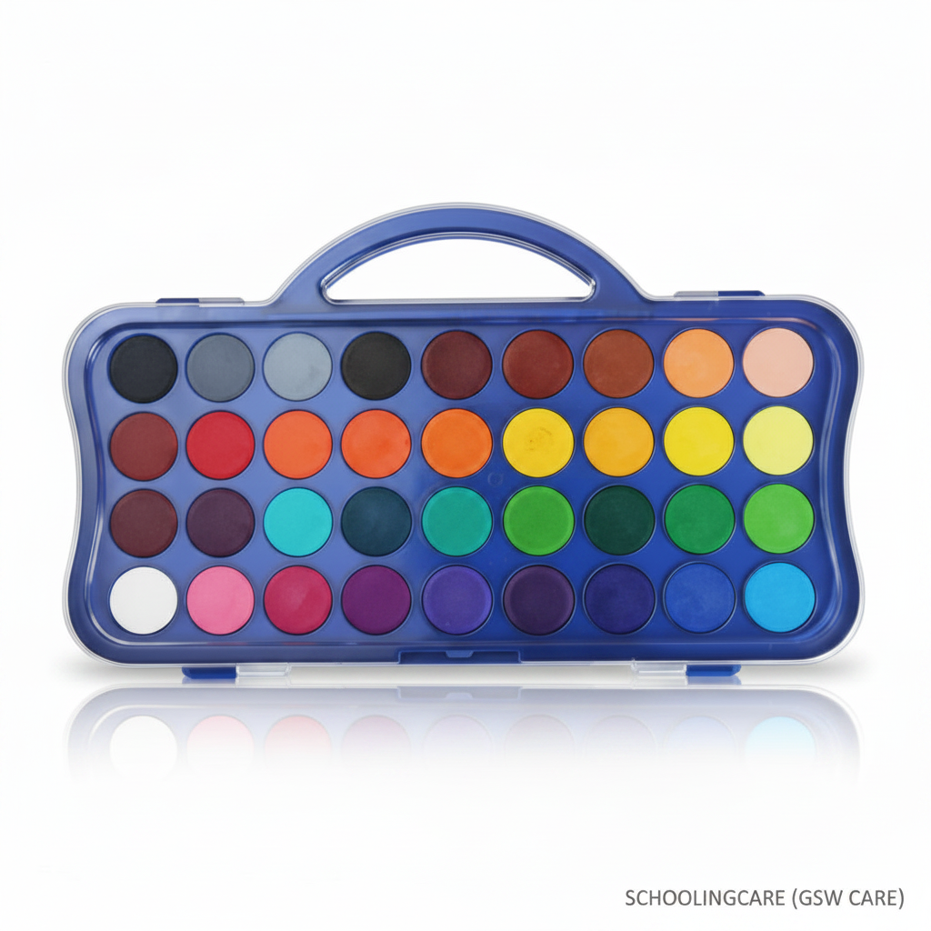 A blue plastic makeup palette case with a handle, filled with 36 round pans of colorful face and body makeup, shown on a white background with a reflection. Order Now at SchoolingCare Stationary store