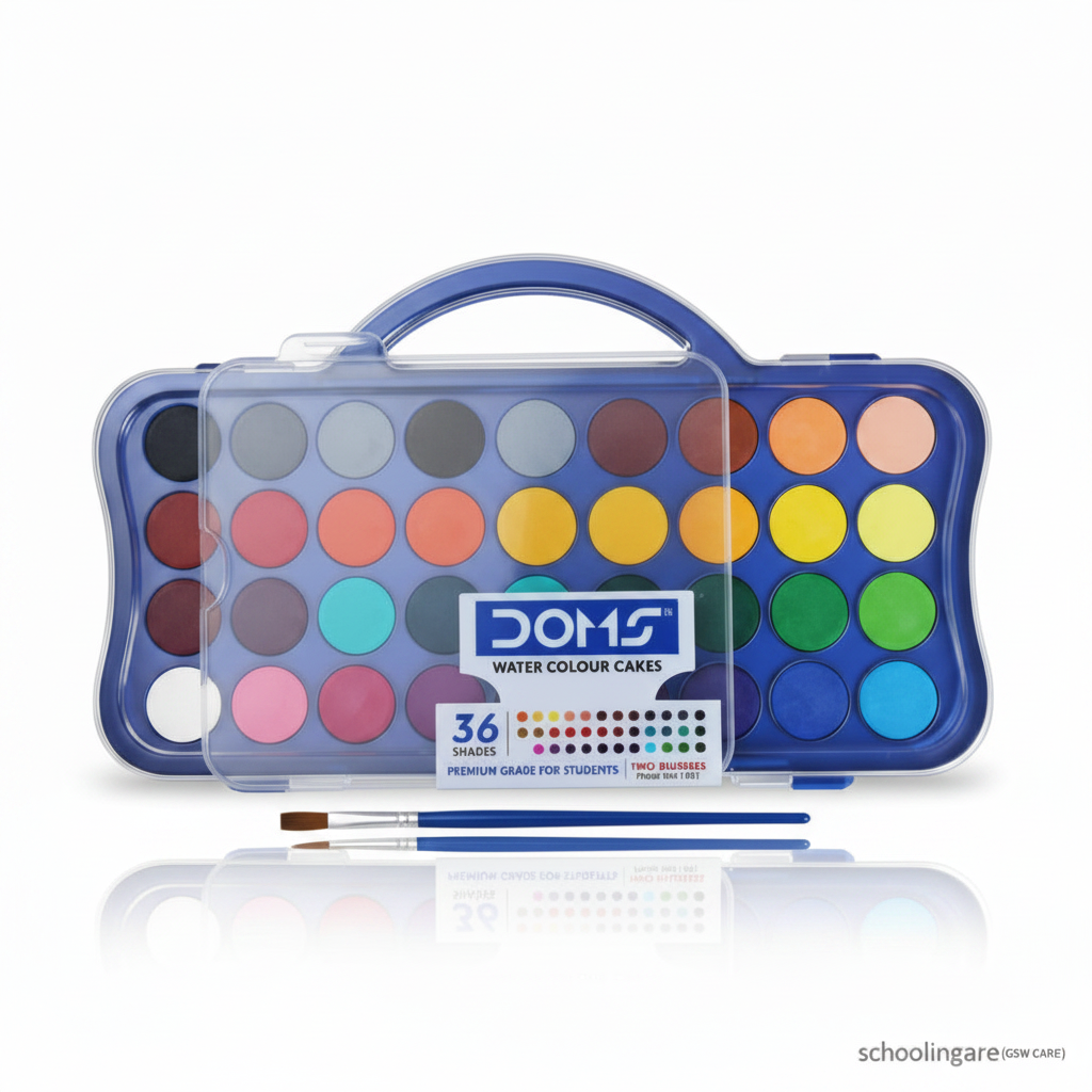 Doms water colour cakes set in a blue plastic case with a handle, shown with a paintbrush on a white background. Order Now at SchoolingCare Stationary store