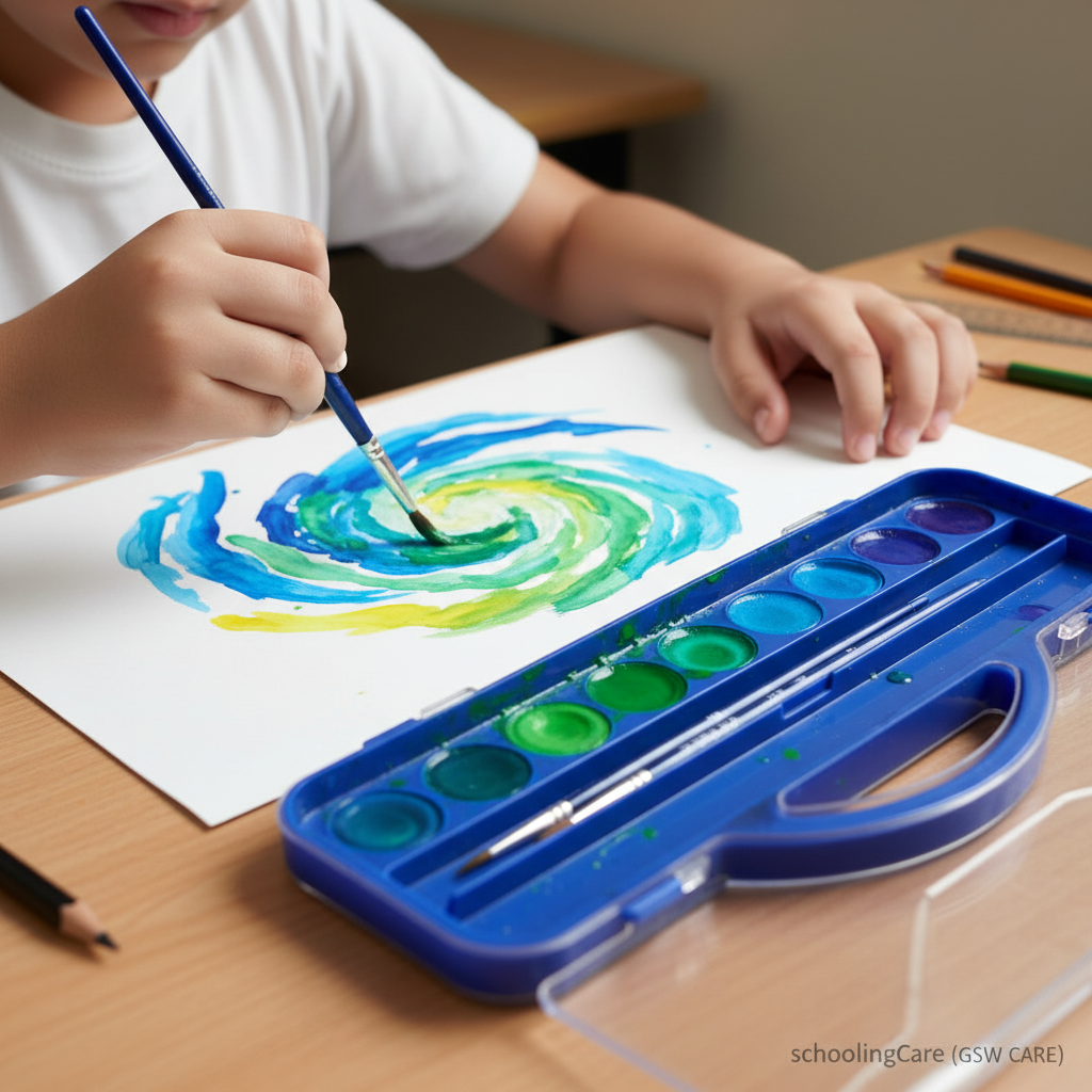 A child's hands and arms are visible as they paint a blue, green, and yellow spiral design on white paper. In the foreground, a blue plastic watercolor paint palette with green and blue wells, two paintbrushes, and a pencil rest on a light wood desk. Order Now at SchoolingCare Stationary store