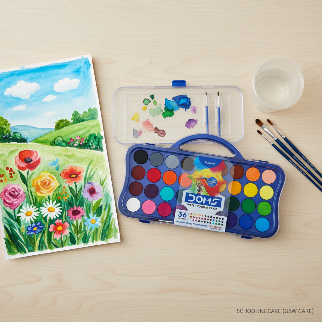 A watercolor painting set arranged on a light wood surface, including a painted flower landscape artwork, a blue 36-color watercolor palette case, a clear palette lid with paint swatches, three paintbrushes, and a small cup of water. The Doms brand is visible on the palette packaging. Order Now at SchoolingCare Stationary store