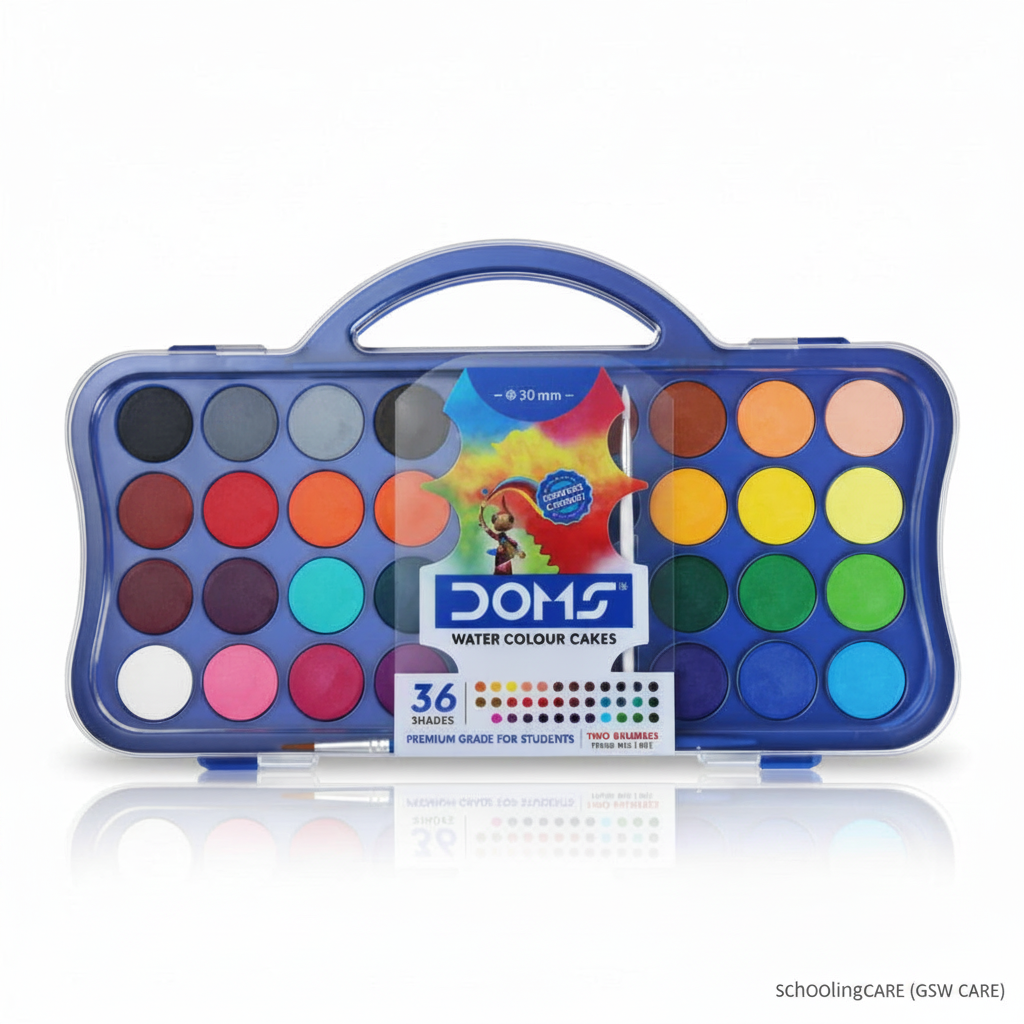 Doms water colour cakes set in a blue plastic case with 36 round pans of paint, shown on a white background with a reflection. Order Now at SchoolingCare Stationary store