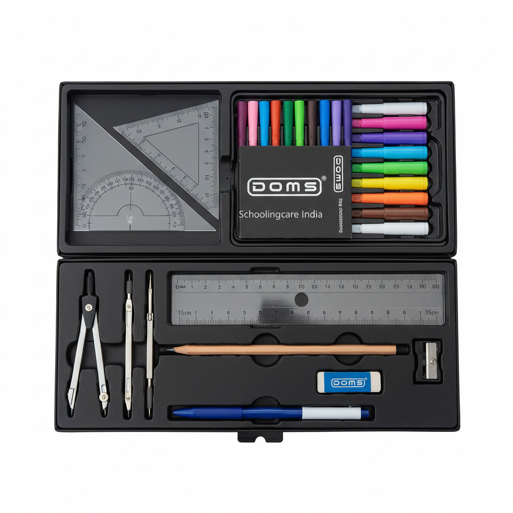 A black plastic school and craft kit set shown open against a white background, containing a protractor, compass, ruler, pencil, pen, eraser, pencil sharpener, and a set of colorful markers.- Order Now at SchoolingCare Stationary store Online