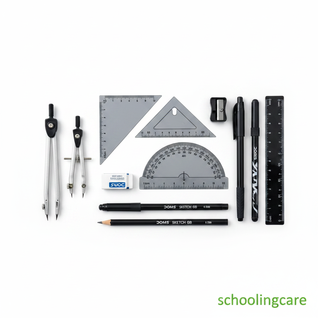 A school supply set arranged on a white background, including two compasses, two rulers, a protractor, triangle ruler, pencil sharpener, two pens, two pencils, and an eraser. The brand name 'schoolingcare' appears in green text at the bottom right.- Order Now at SchoolingCare Stationary store Online
