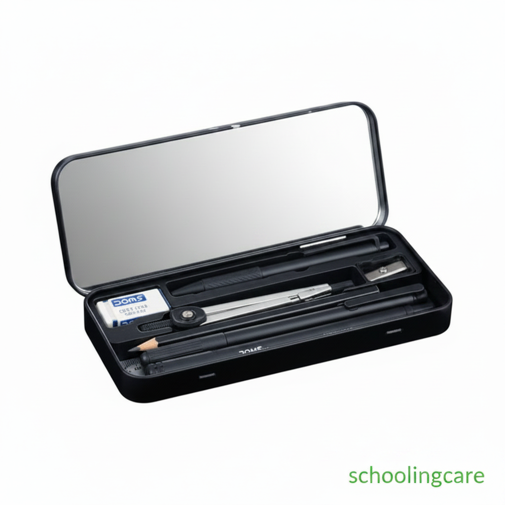 A black rectangular pencil case with an open lid, revealing a mirror on the inside of the lid and several school supplies including a pencil, pen, ruler, and eraser. The case is photographed on a clean white background with a green 'schoolingcare' watermark in the bottom right corner.