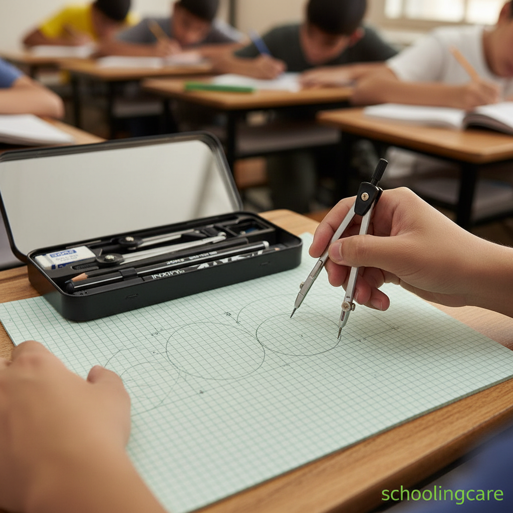 A close-up of a student's hands using a compass to draw geometric circles on graph paper, with a black metal set of drafting tools resting on the desk in the foreground. Other students are visible in the blurred background of a classroom.