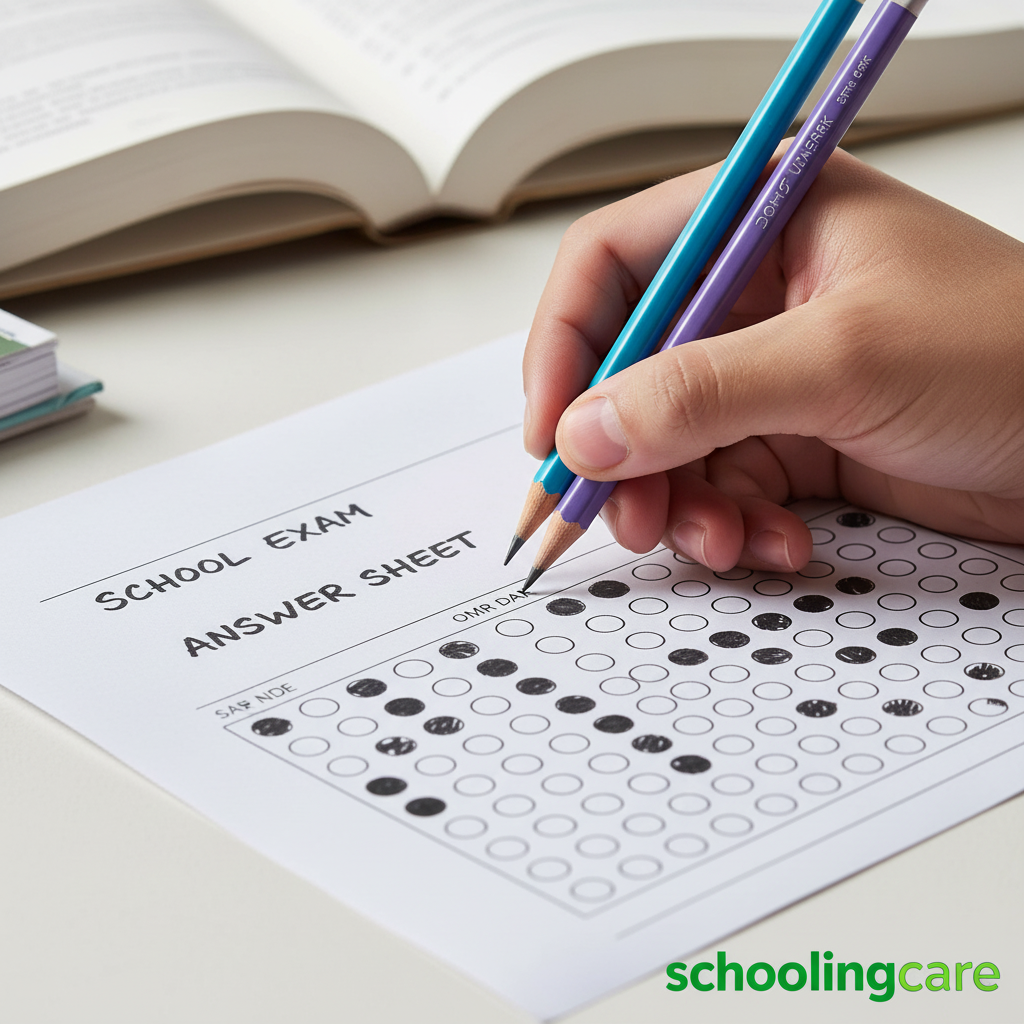 A close-up of a hand holding two colored pencils, marking circles on a school exam answer sheet. An open book is blurred in the background on a light desk surface, with the SchoolingCare logo in the bottom right corner.- Order Now at SchoolingCare Stationary store Online