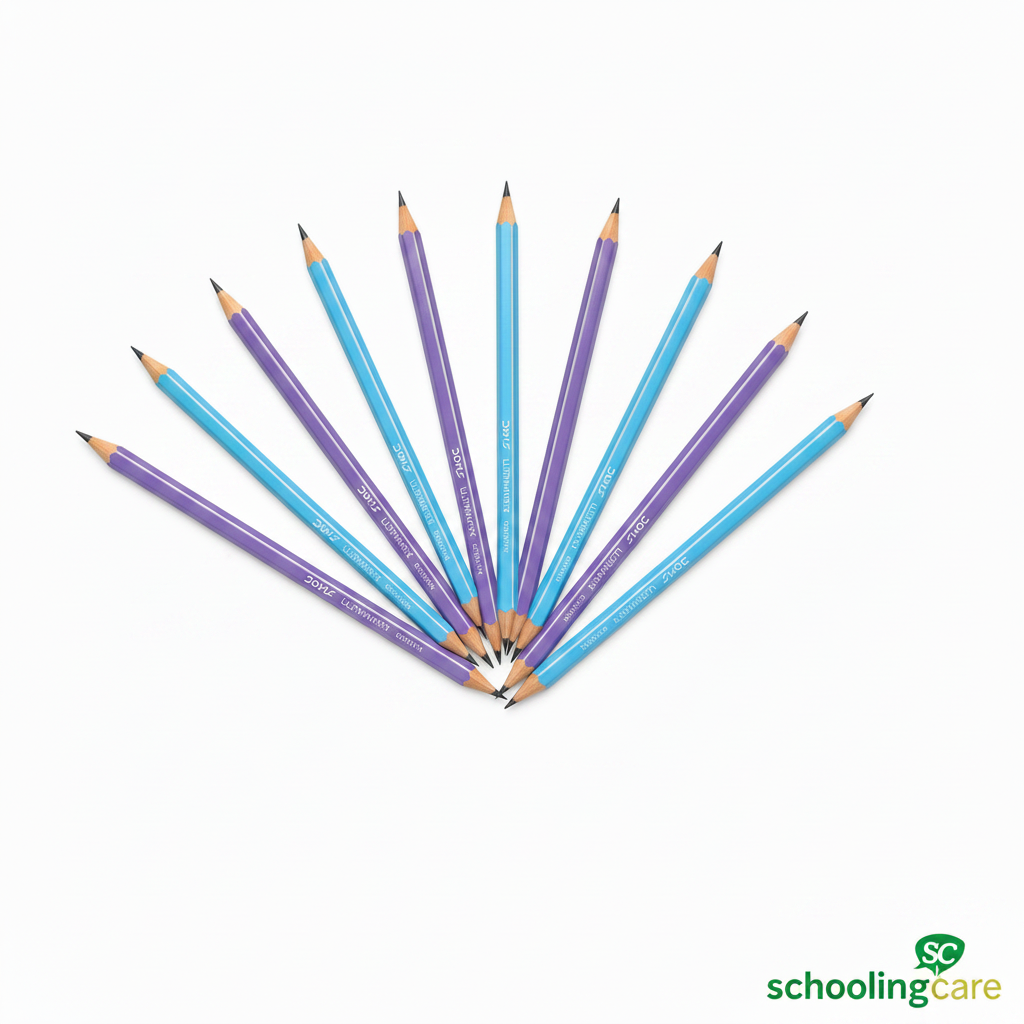 A fan arrangement of ten colored pencils on a white background, alternating between light blue and lavender purple, with the SchoolingCare brand logo visible in the bottom right corner.- Order Now at SchoolingCare Stationary store Online