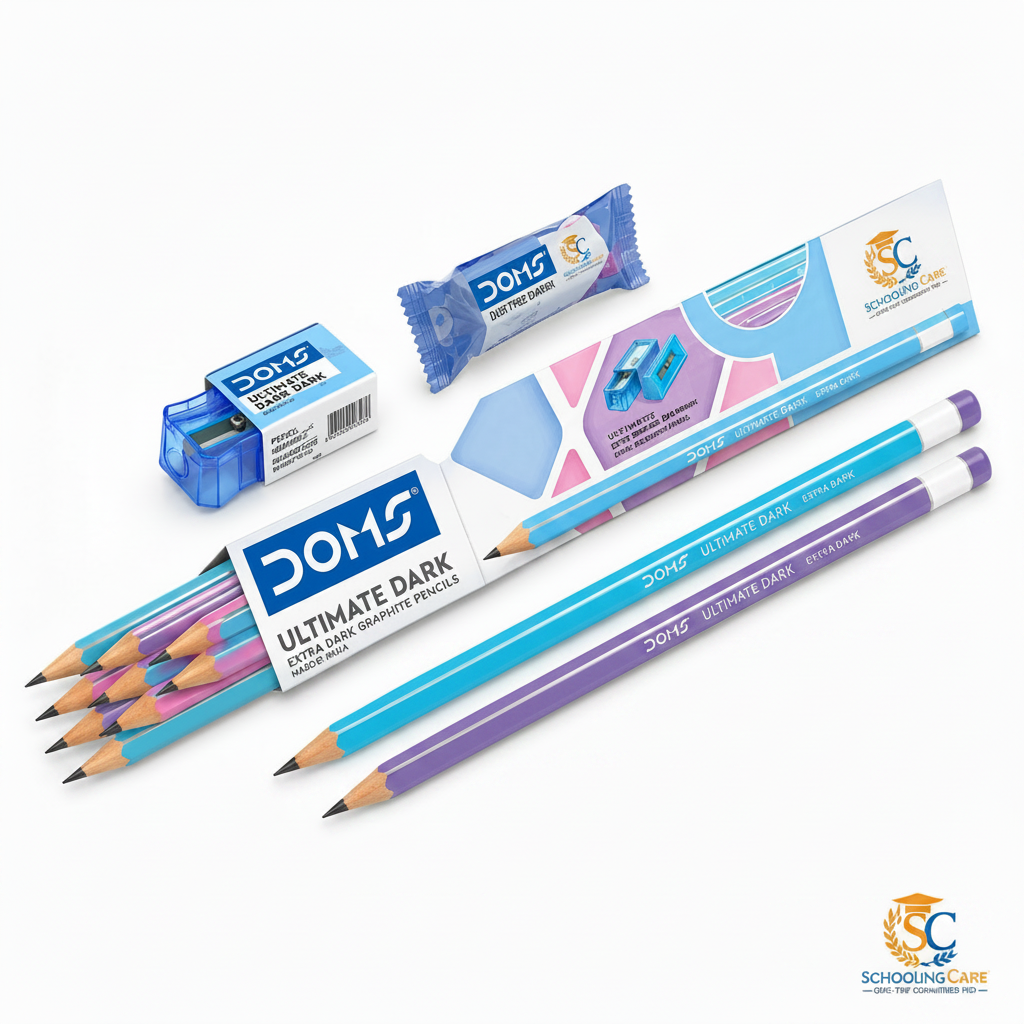 A school supply set from DOM15 on a clean white background, including Ultimate Dark 0.5mm black pencils in blue, purple, and pink, a blue eraser, a blue pencil sharpener, and a blue and pink pencil case.- Order Now at SchoolingCare Stationary store Online