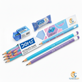 A school supply set from DOM15 on a clean white background, including Ultimate Dark 0.5mm black pencils in blue, purple, and pink, a blue eraser, a blue pencil sharpener, and a blue and pink pencil case.- Order Now at SchoolingCare Stationary store Online
