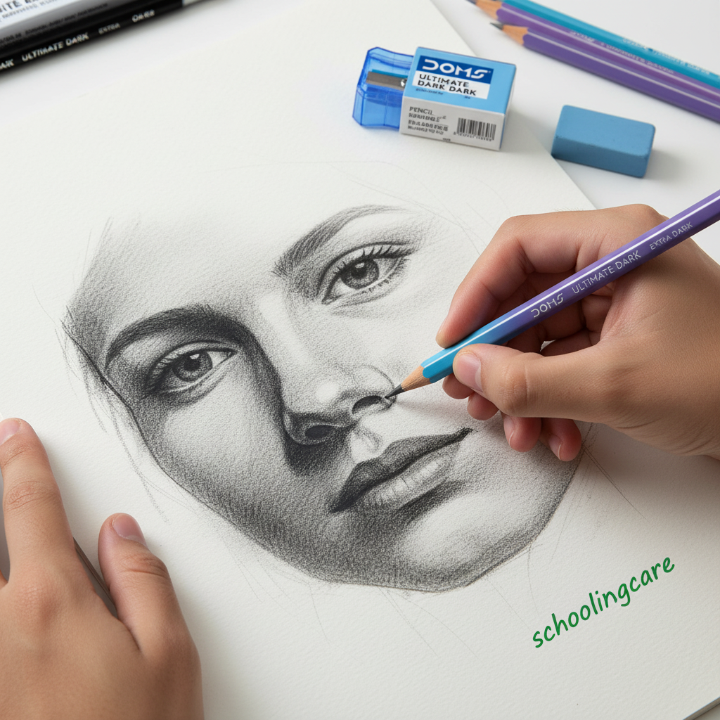 A close-up of a hand drawing a realistic pencil portrait on white paper using a purple Dom2 pencil, with an eraser and other colored pencils nearby on a white surface.