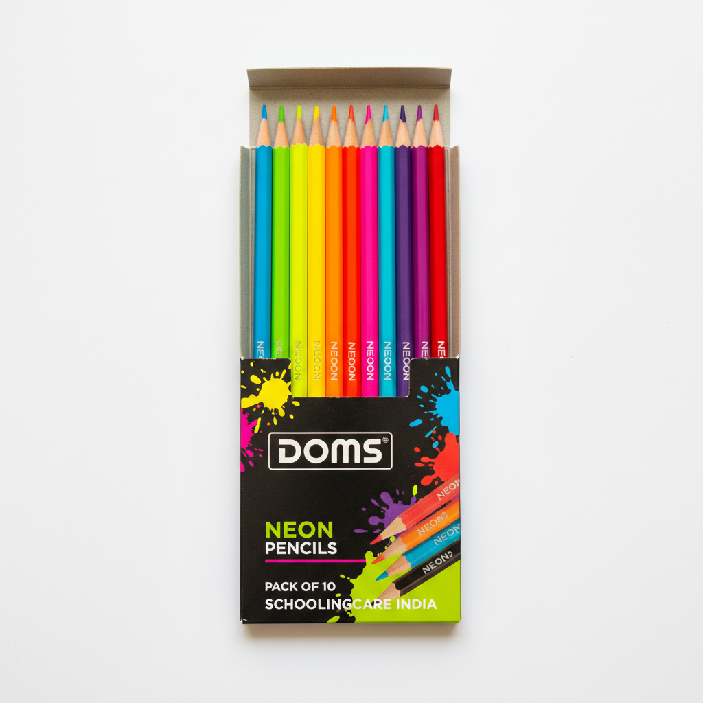 A pack of 10 Doms Neon Pencil in a cardboard case, displayed on a clean white background. The pencils are arranged in a rainbow sequence from cyan to red, with the black and colorful label at the bottom.- Order Now at SchoolingCare Stationary store Online