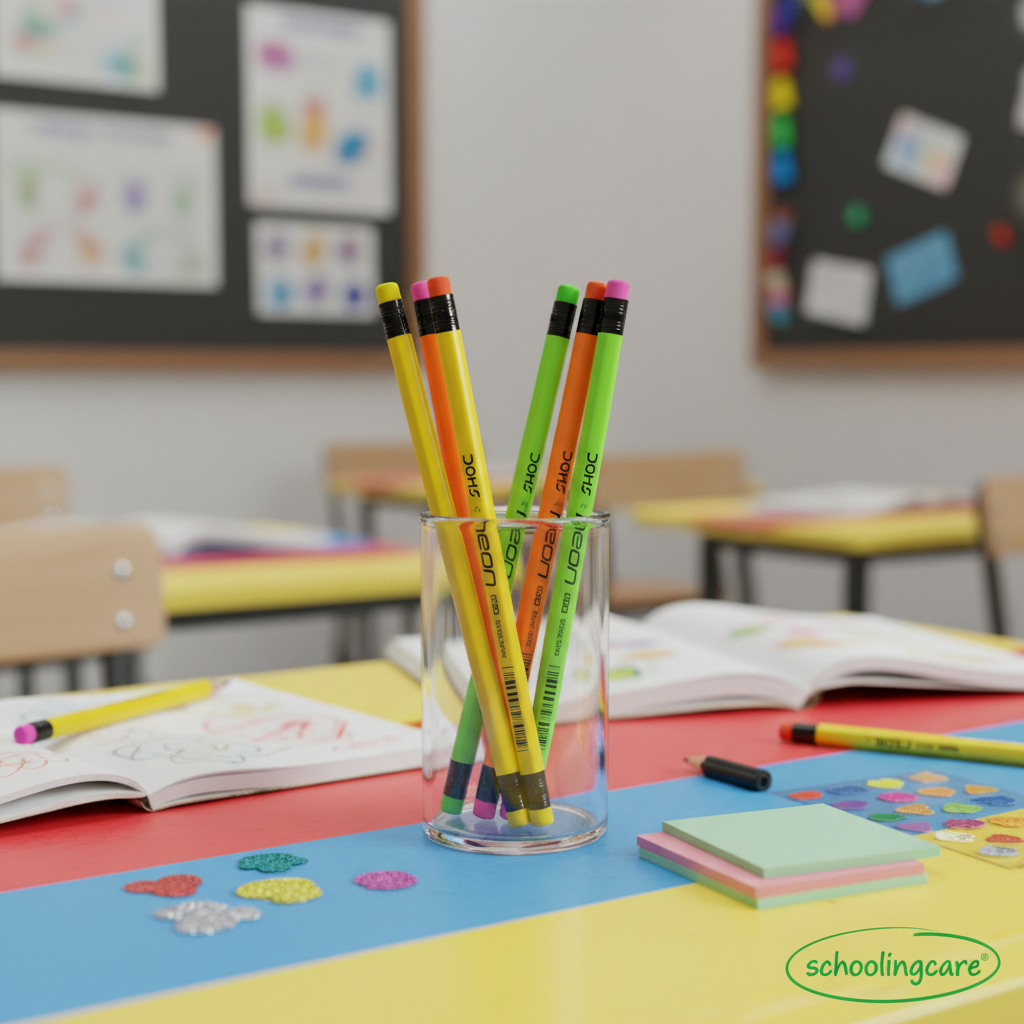A clear glass cup holding several SchoolingCare branded colored pencils on a colorful desk in a classroom setting.