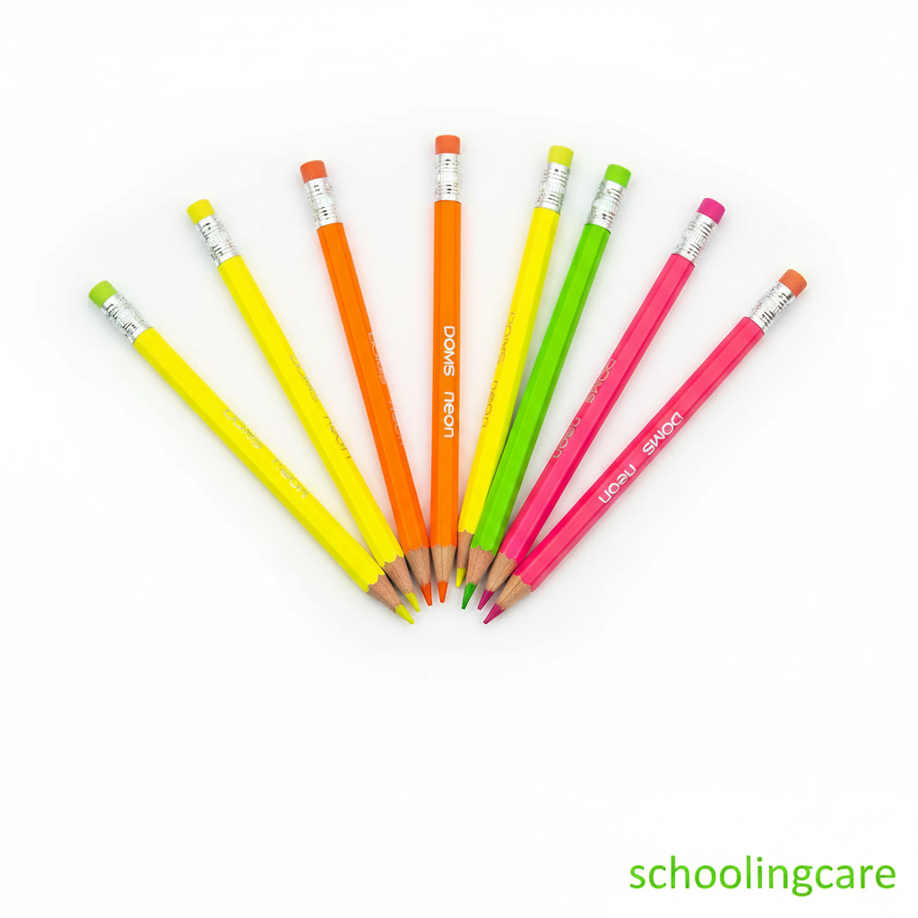 Seven Coors Neon colored pencils in a fan arrangement on a white background, with the Coors logo printed on the barrels. The pencils are yellow, orange, green, and pink, with silver ferrules and erasers.