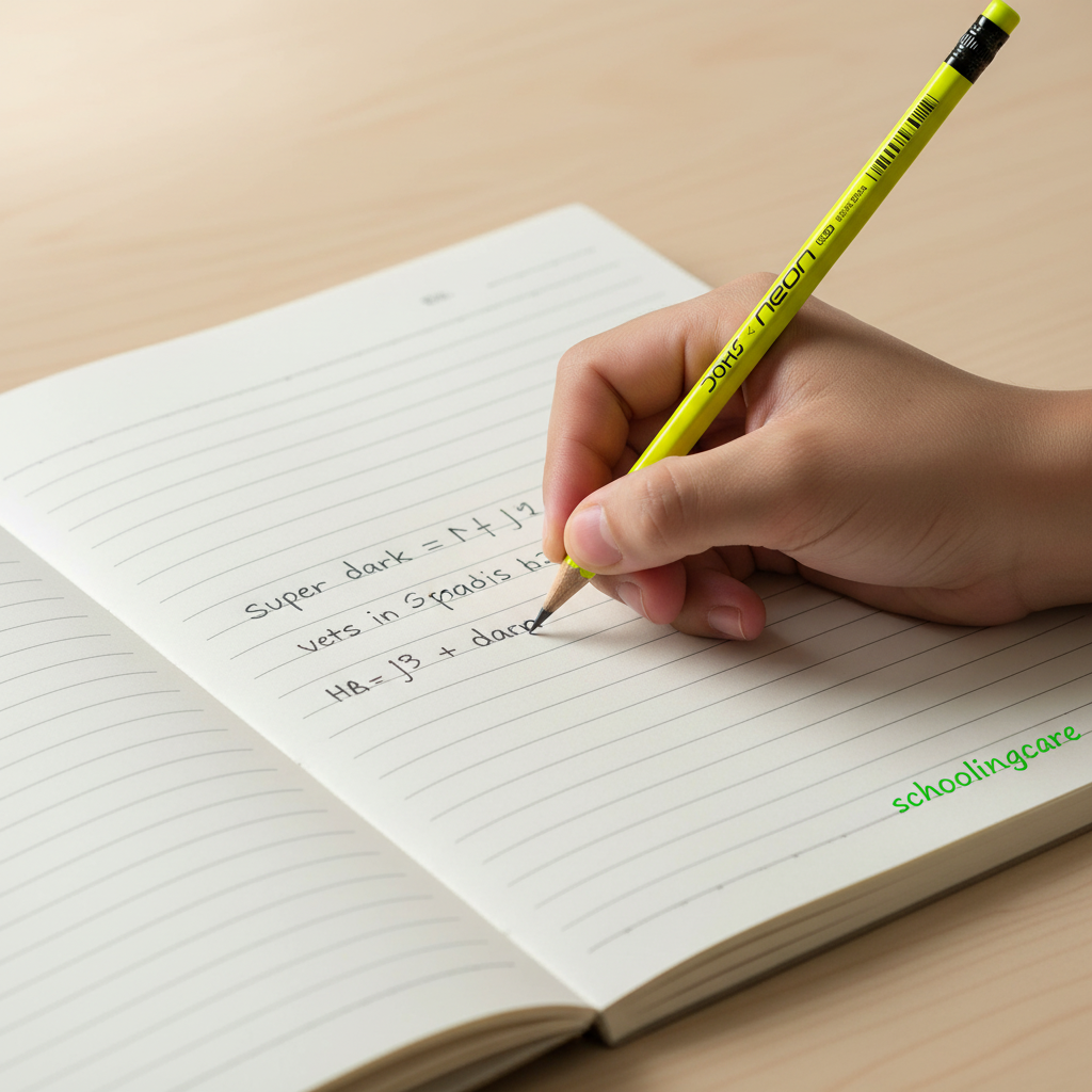 A close-up of a hand holding a bright yellow pencil and writing in a lined notebook on a light wood desk. The pencil has visible branding that reads 'sage pencil'.