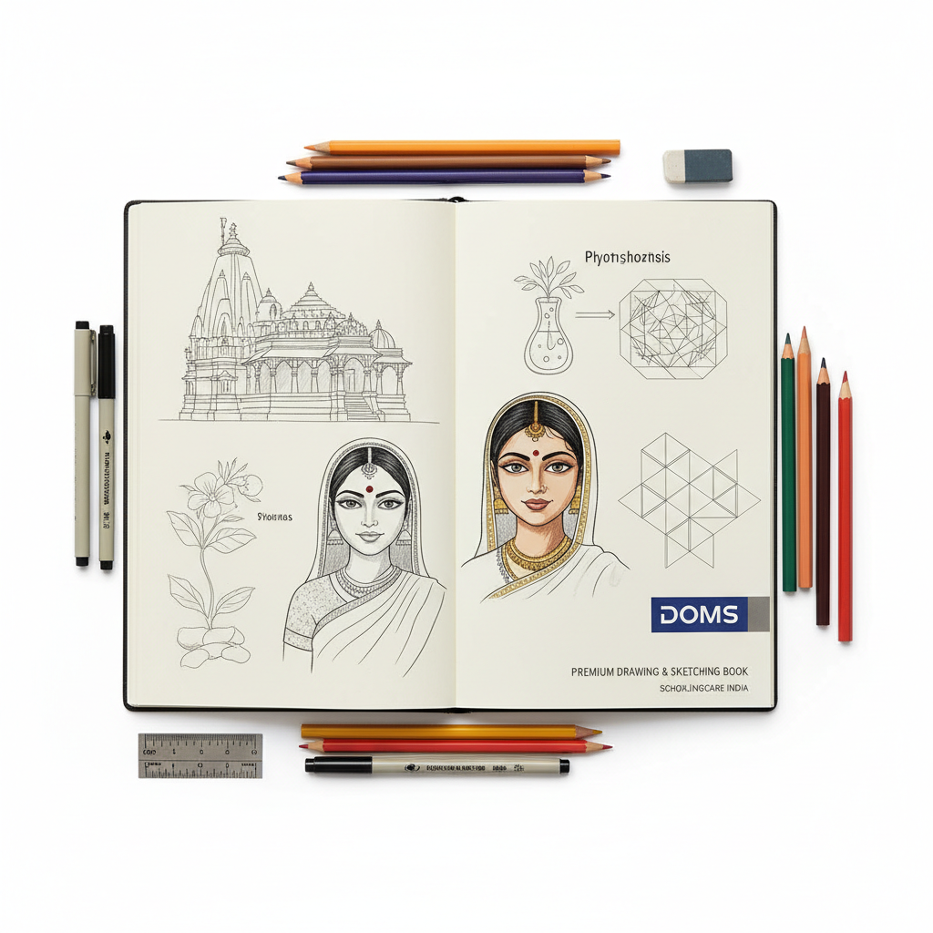 DOMS Sketchbook A4 flat lay full A4 premium drawing sketching book smooth paper detailed artwork - Schoolingcare
