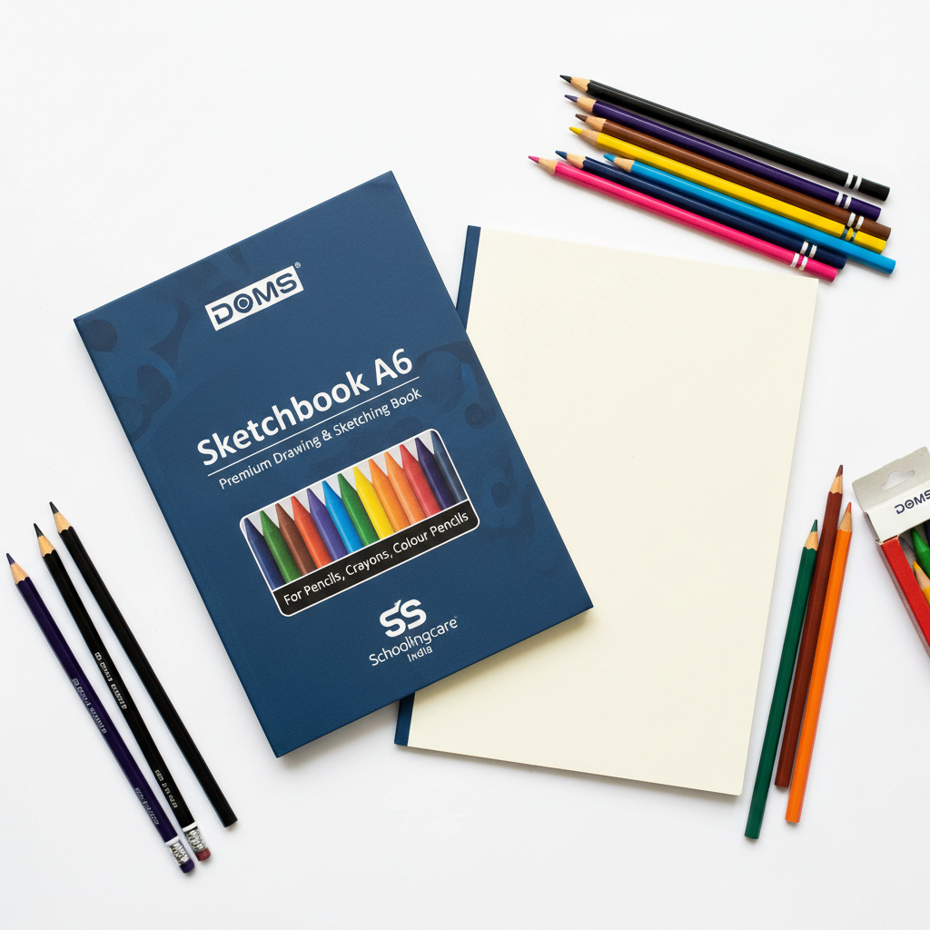 DOMS Sketchbook A6 flat lay compact premium drawing sketching book smooth paper pencils crayons - Schoolingcare
