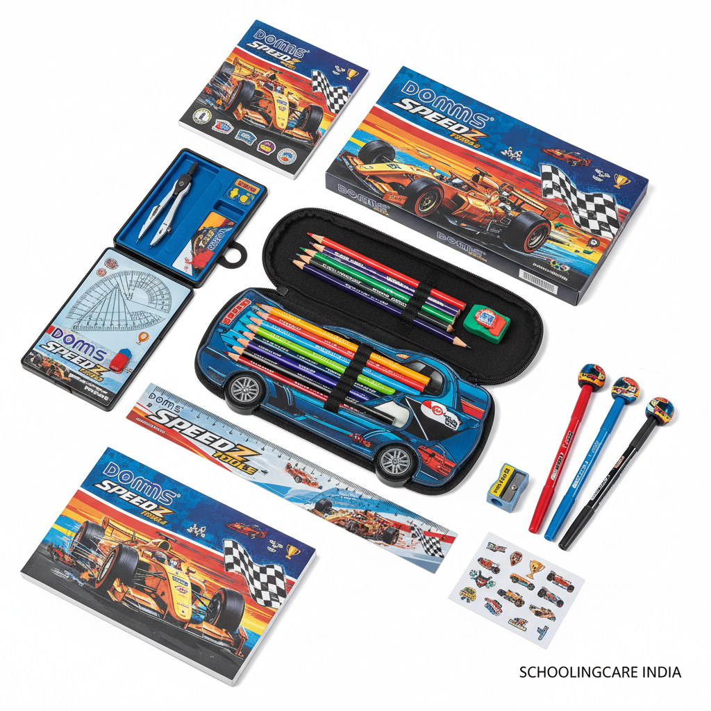 DOMS Speedz Racing themed stationery kit flat lay vibrant racing car design school kids pens pencils - Schoolingcare