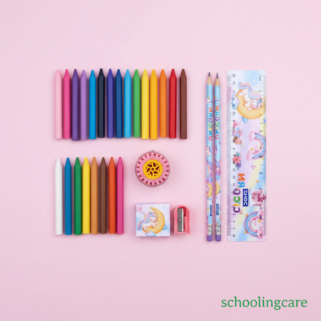 A school supply set arranged on a light pink background, including a set of crayons, two patterned pencils, a clear ruler with cartoon graphics, a small sharpening stone, a small eraser, and a pencil case. The crayons and pencils feature pastel rainbow and unicorn designs.- Order Now at SchoolingCare Stationary store Online
