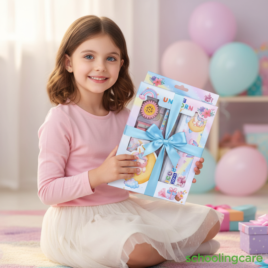 A young girl with brown hair sits on a pastel rug in a brightly lit room, holding a colorful 'UNICORN SCHOOLING CARE' gift set box tied with a light blue ribbon. The background features soft pink and blue balloons, a white shelf, and a purple gift box.- Order Now at SchoolingCare Stationary store Online
