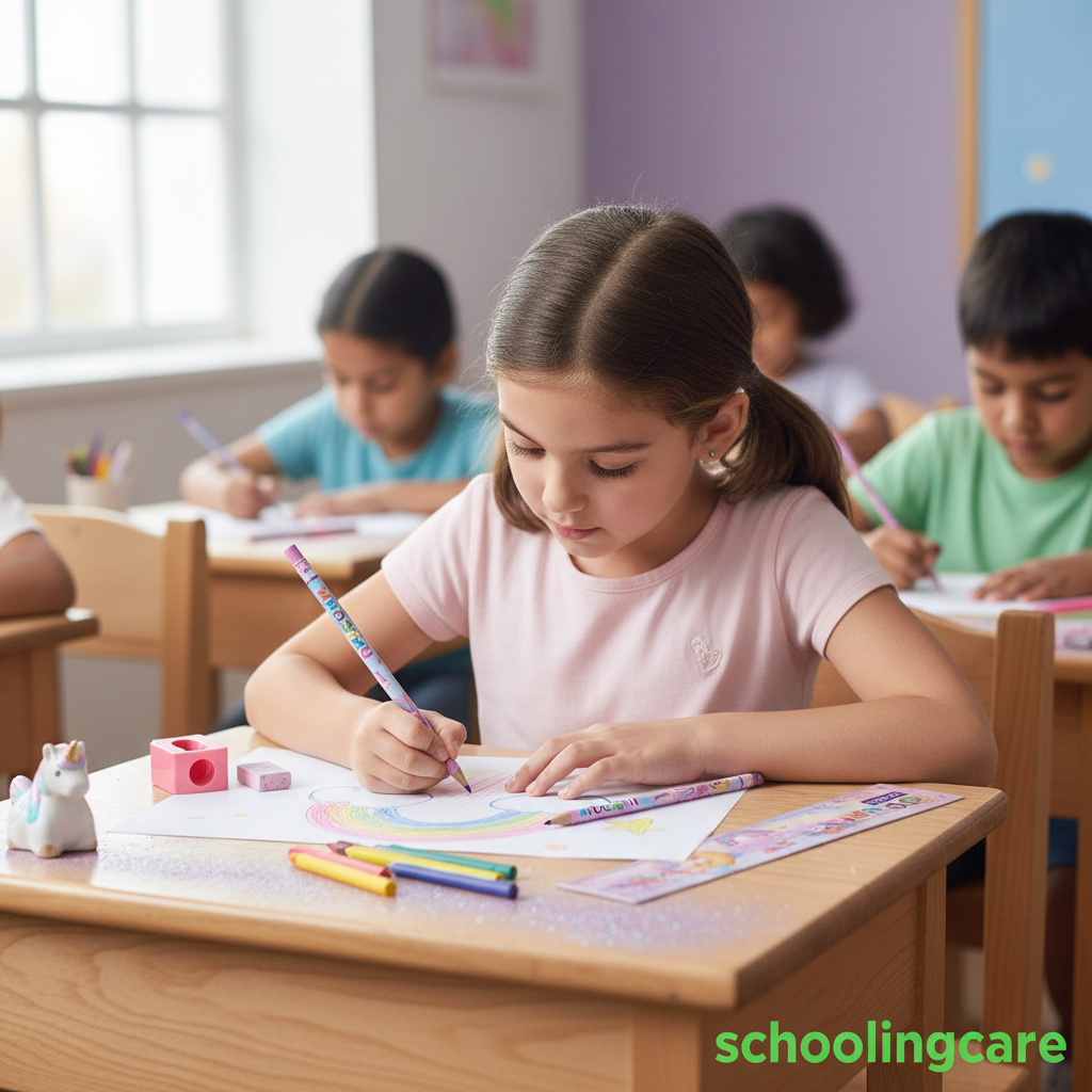 A young girl with brown hair in a ponytail sits at a wooden desk in a classroom, drawing with a purple pencil on a white sheet of paper. Other children are visible in the background, along with colored pencils and a small unicorn eraser on the desk.- Order Now at SchoolingCare Stationary store Online
