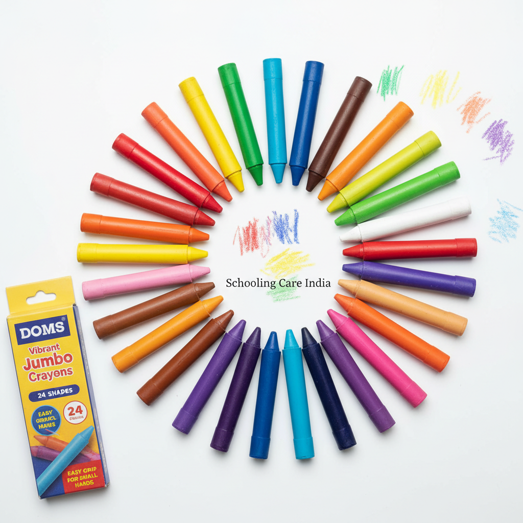 DOMS Vibrant Jumbo Crayons 24 shades flat lay thick easy grip all colours kids toddlers preschool - Schoolingcare