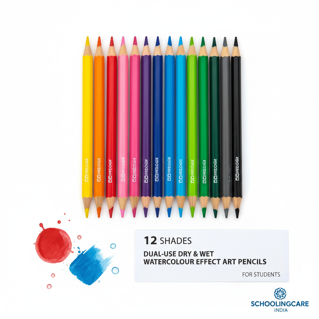 DOMS Watercolor Pencils 12 shades flat lay all colours arranged dual-use art pencils students - Schoolingcare