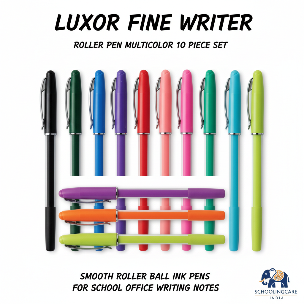 Luxor Fine Writer Roller Pen multicolor 10 piece flat lay smooth roller ball ink pens - Schoolingcare