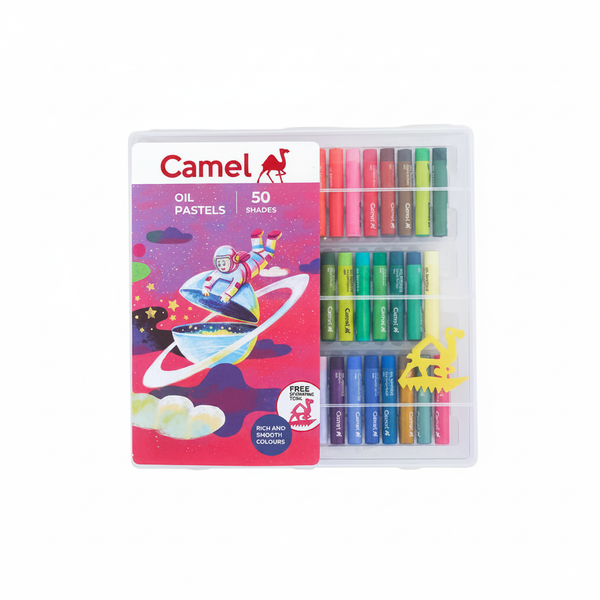 Camel Oil Pastels 50 shades set with box and all pastels displayed on white background