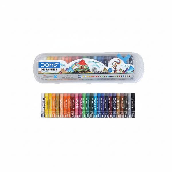 DOMS Oil Pastels 25 shades with clear box and all pastels displayed on white background